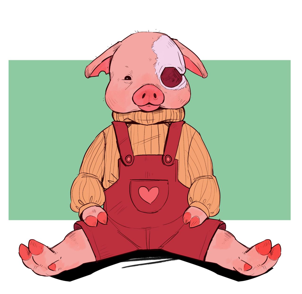 A drawing of a very chubby and adorable baby pig, Michael, that's a bit humanoid. The left half of his face is completely stripped of skin showing a white skull and an empty eye socket. Michael otherwise sits like any other baby. He's wearing a thick yellow turtleneck sweater tucked into red courderoy overalls with pink heart accents.